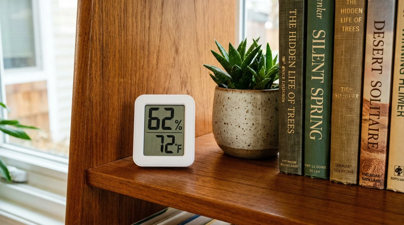 A digital hygrometer on a bookshelf displaying a 62% humidity reading, indicating a level that is too high.