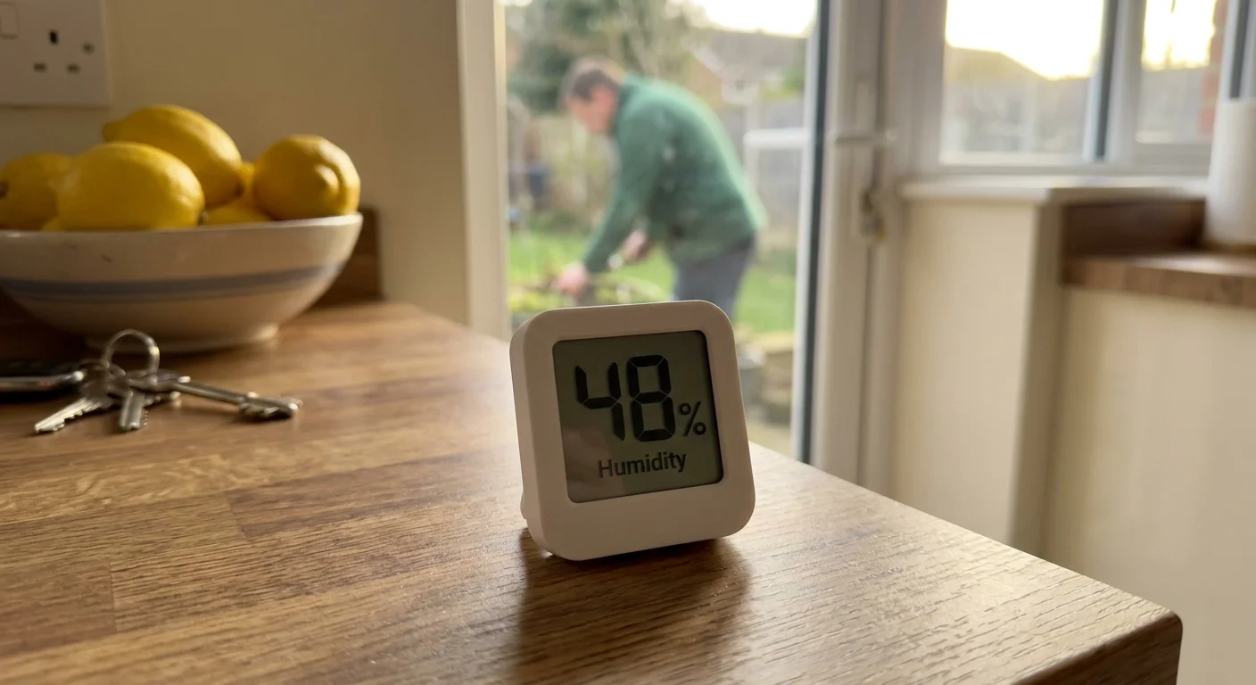 A digital hygrometer on a kitchen counter displaying a healthy 48 percent humidity level.