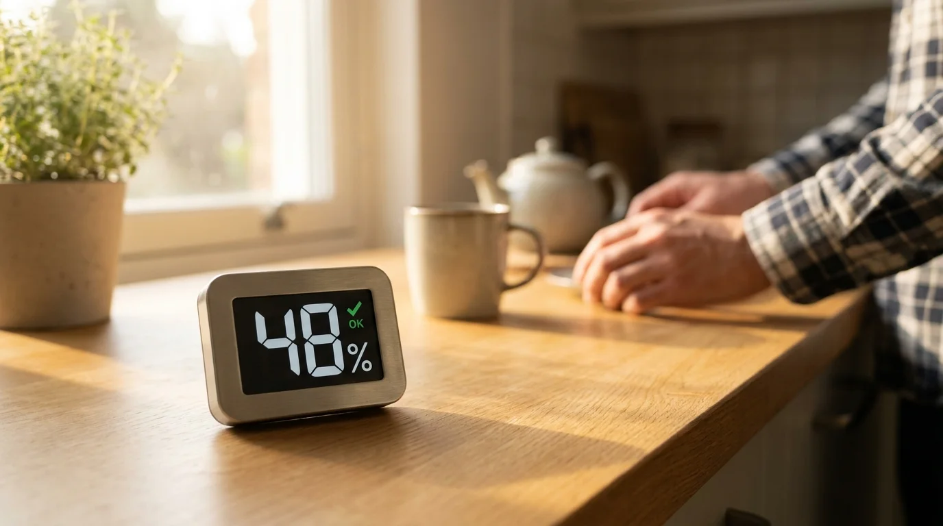 A digital hygrometer on a wooden table displaying a healthy 48% humidity level.