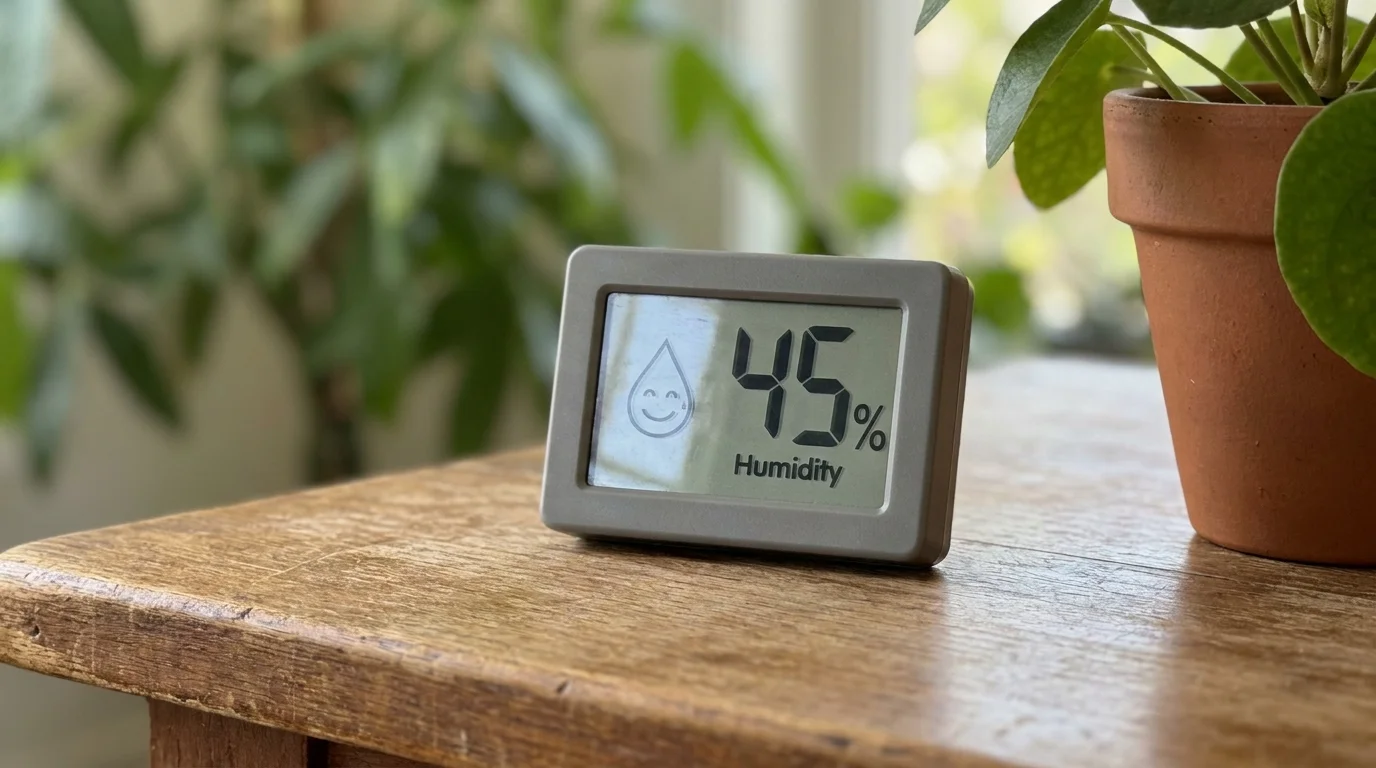 A digital hygrometer showing a humidity reading of 45 percent next to a houseplant.