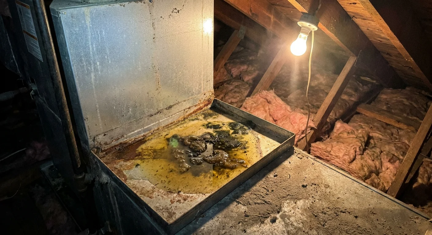 A dusty attic HVAC drip pan filled with stagnant water and visible fungal growth.