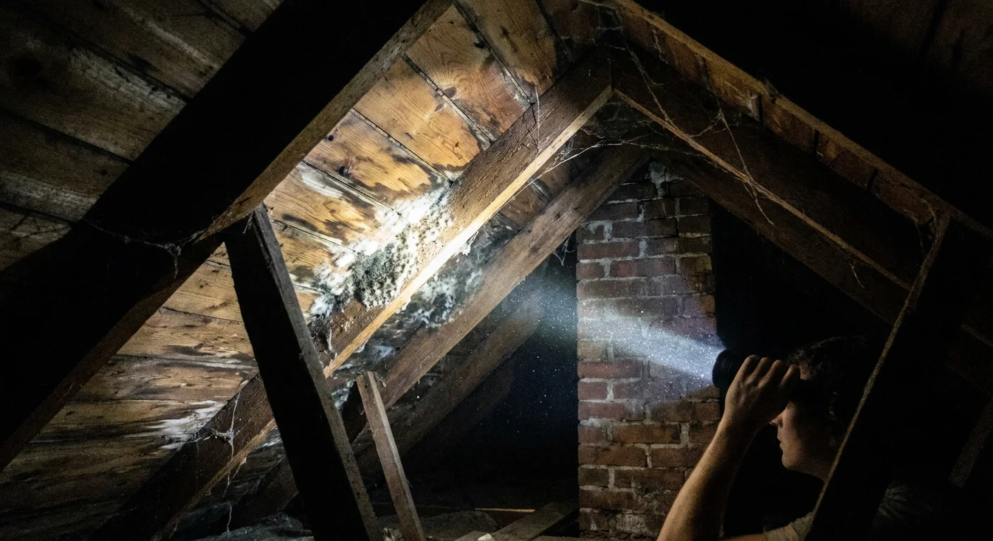 A flashlight illuminates water damage and mold growth on the wooden roof decking around a chimney in an attic.