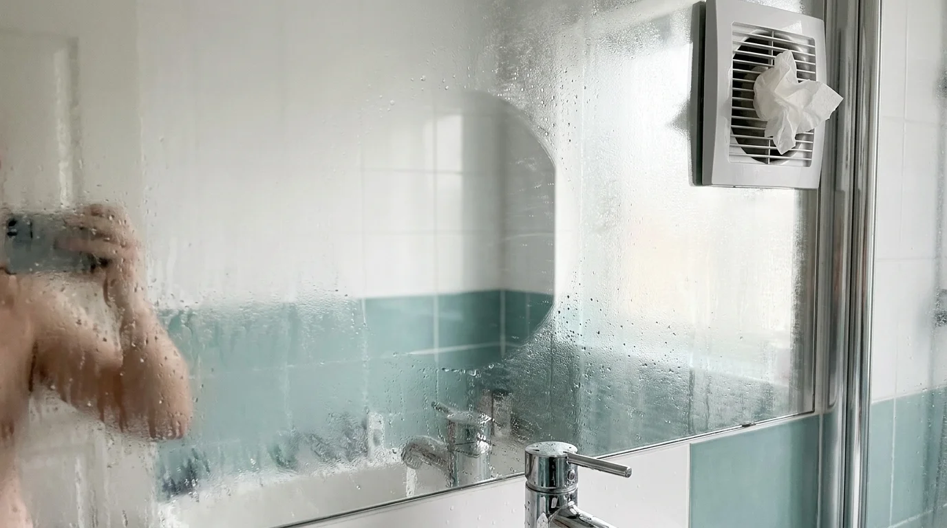 A foggy bathroom mirror with a clear circle wiped away, showing high humidity after a shower.