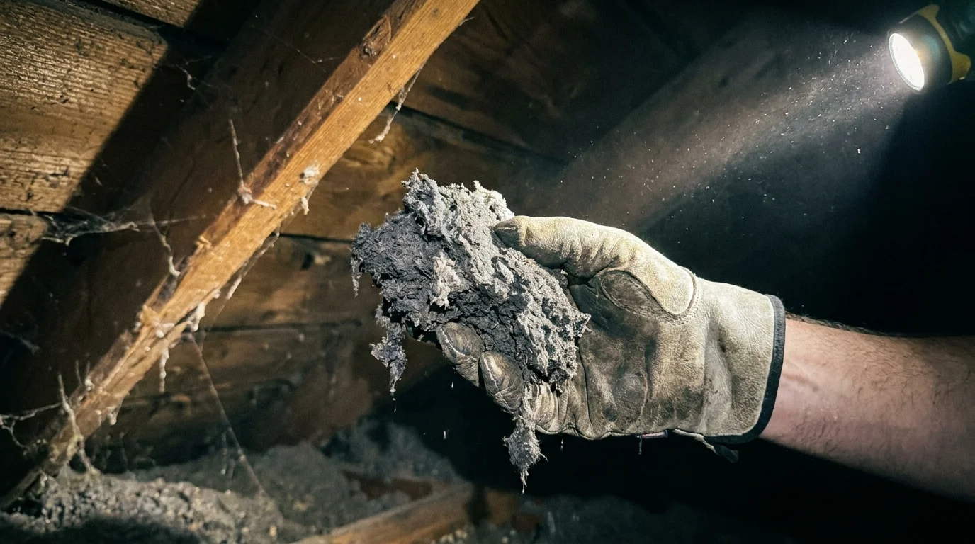 A gloved hand holding a clump of grey, moisture-matted cellulose insulation in a dark attic.