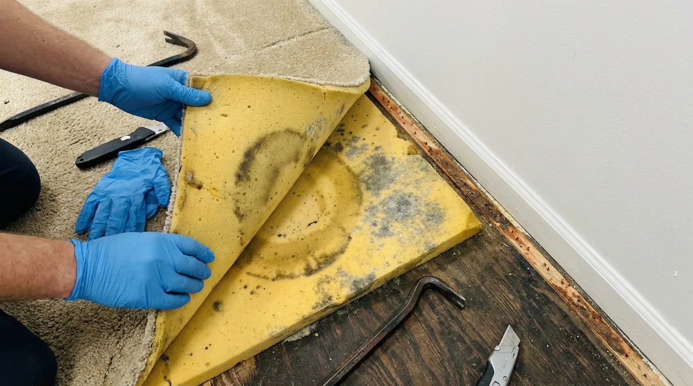 A gloved hand pulling back a carpet corner to reveal stained and damp yellow padding underneath.