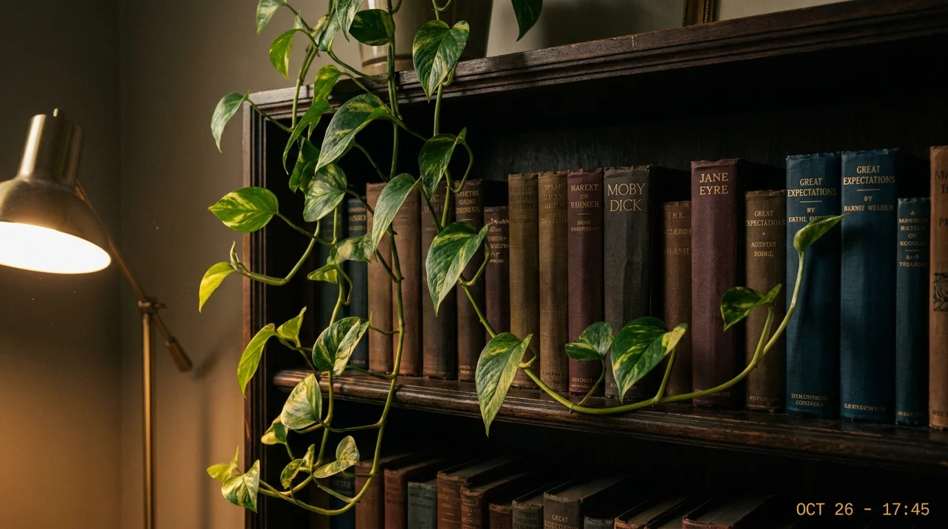A golden pothos plant with heart-shaped leaves trailing across a shelf of old books.