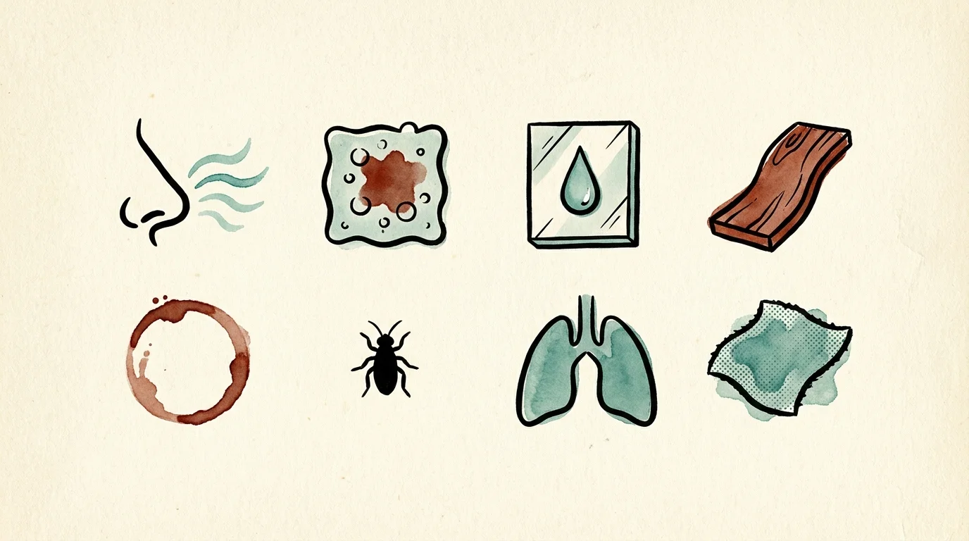 A grid of eight minimalist ink and watercolor icons representing various signs of home moisture damage.
