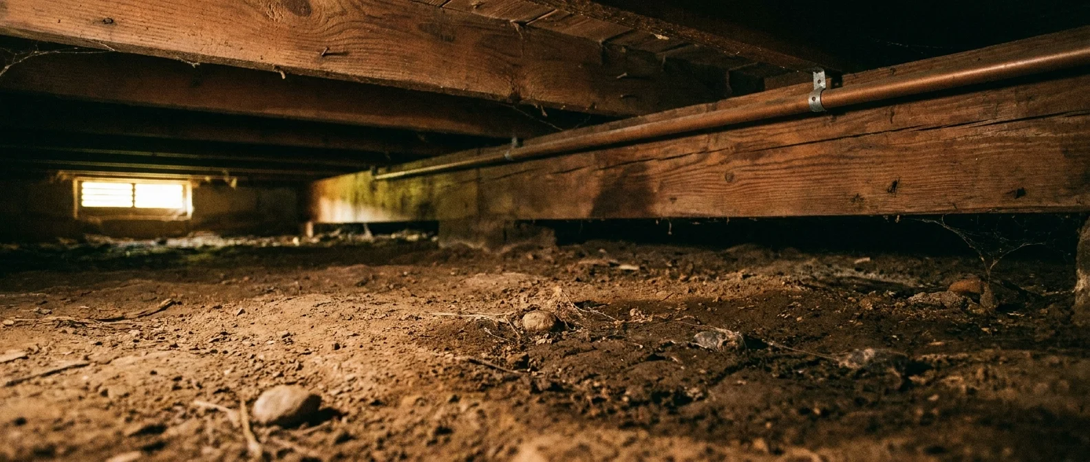 A gritty, low-angle photo of a dark dirt crawl space under a house, showing damp soil and wooden floor joists.