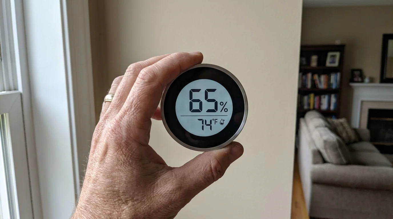A hand holding a digital humidity monitor that shows a high reading of 65 percent.