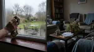 A hand wipes condensation from a foggy window in a dimly lit, cozy living room, showing moisture buildup on the frame.