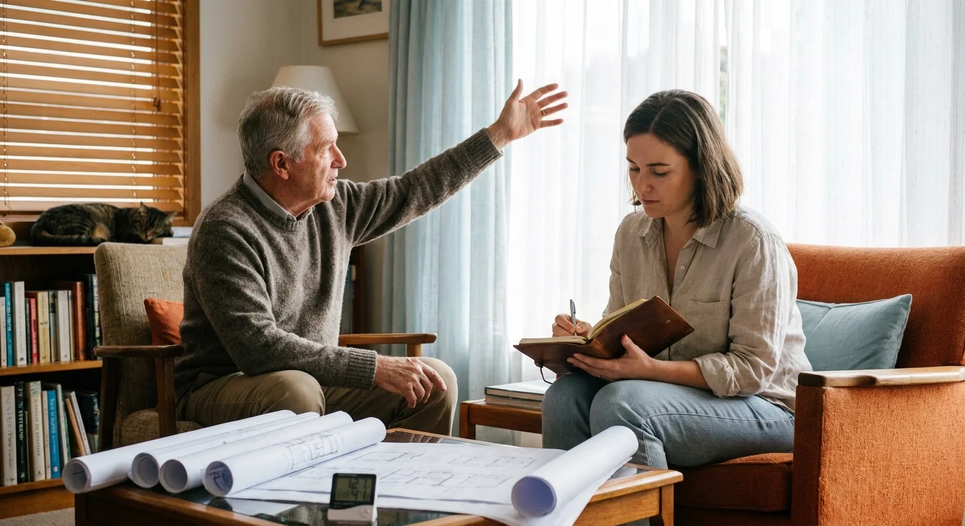 A homeowner and a design expert discussing home modifications in a comfortable, sunlit living room.
