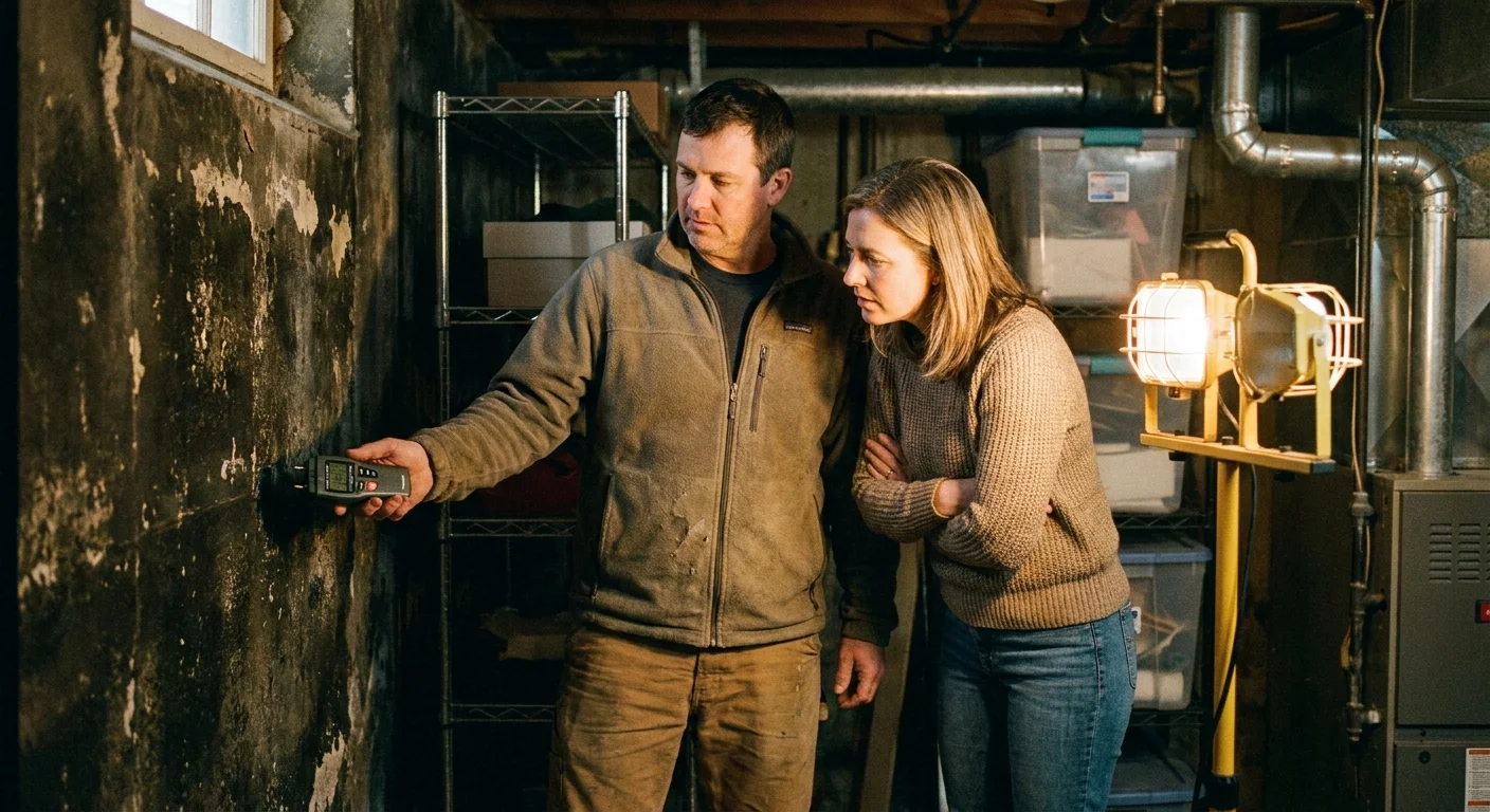 A homeowner and a professional technician in a basement looking at a moisture meter together.