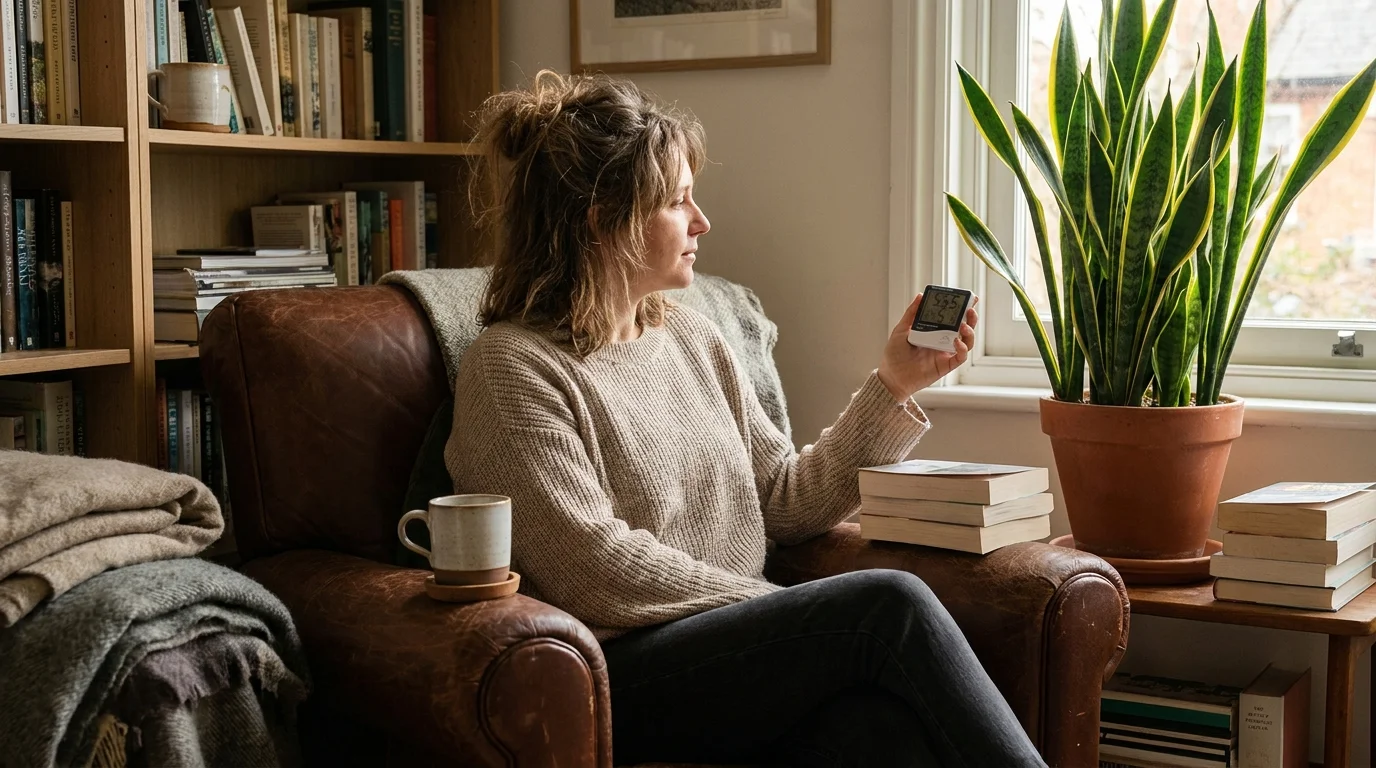 A homeowner checking a hygrometer in her cozy, plant-filled living room to monitor humidity levels.