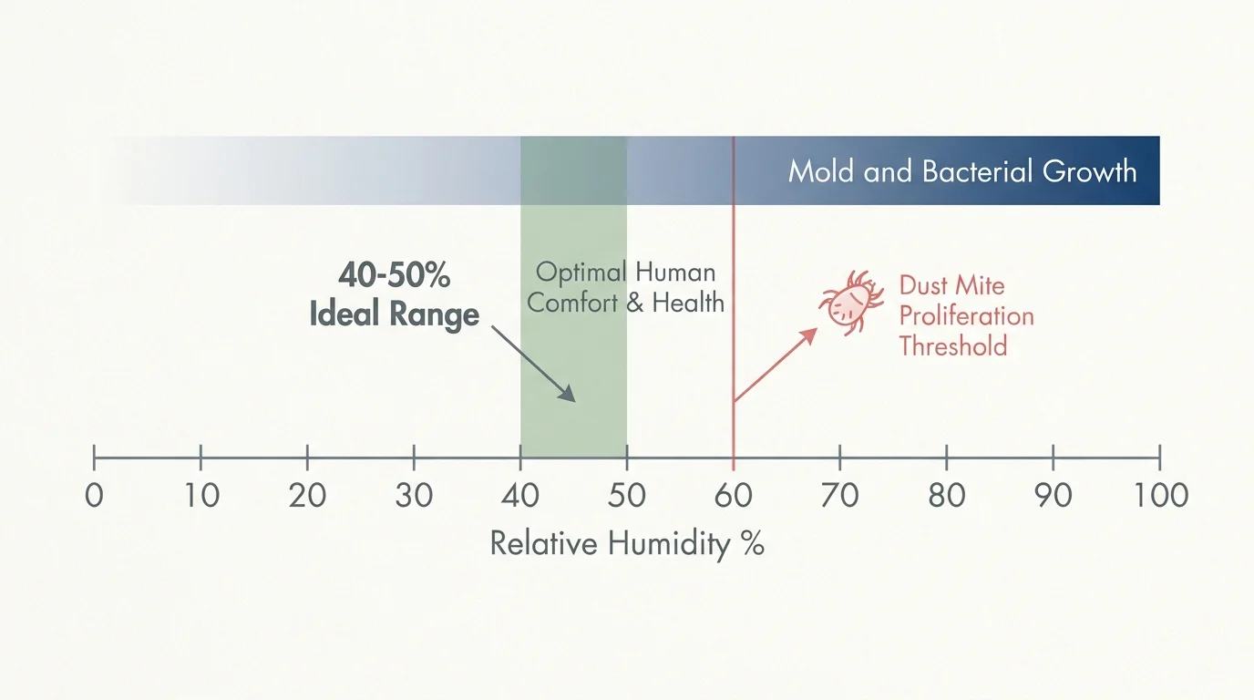 A horizontal data diagram showing the ideal home humidity range between 40 and 50 percent to prevent dust mites and mold growth.