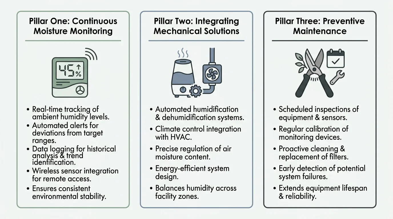 A horizontal diagram showing three pillars: Moisture Monitoring, Mechanical Solutions, and Preventive Maintenance.