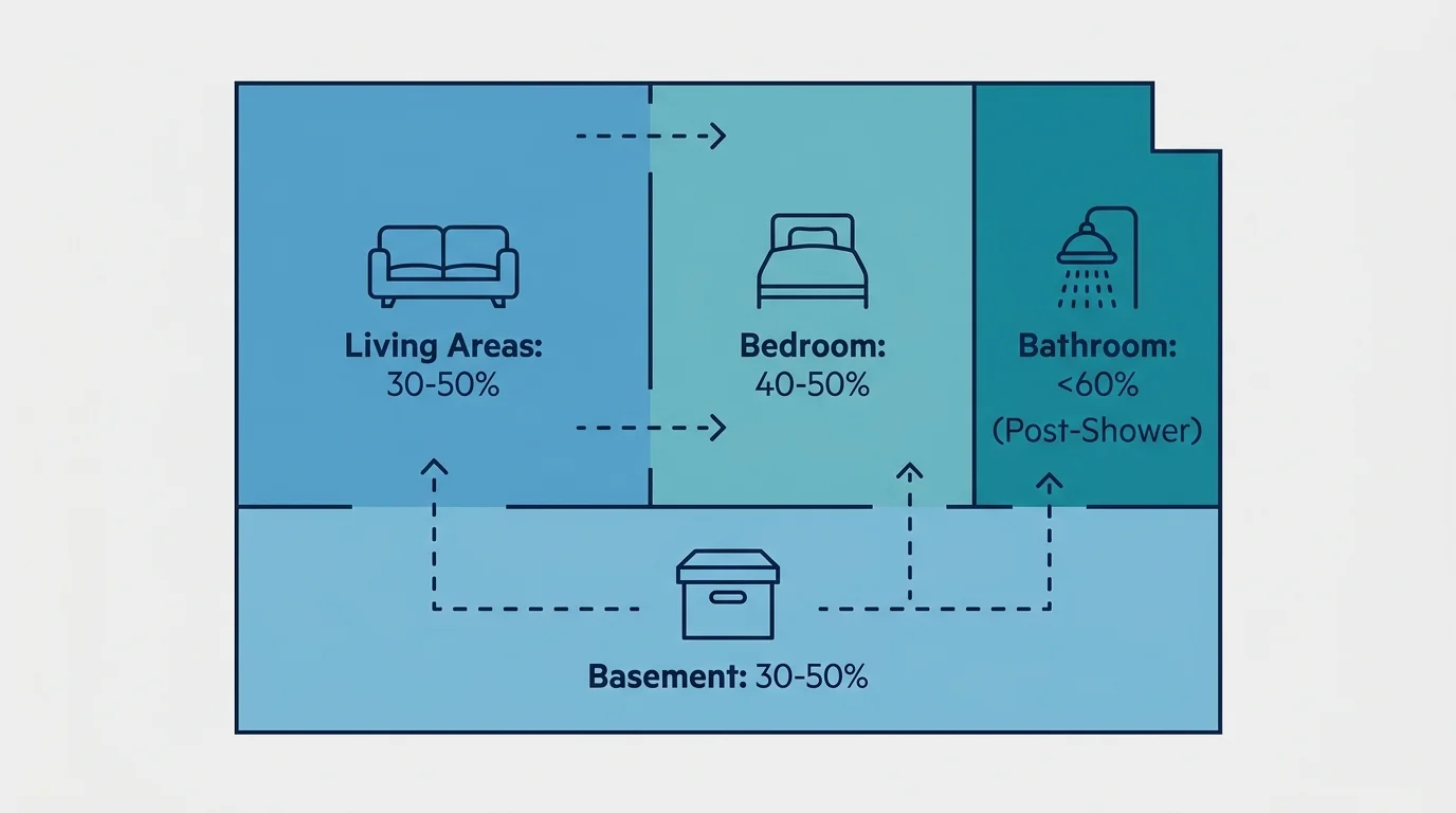 A house floor plan infographic labeling the ideal humidity percentages for bedrooms, bathrooms, and living spaces.