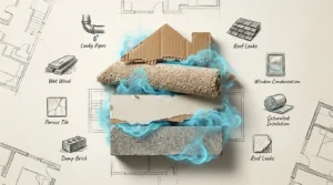 A house silhouette made of various building materials like concrete and drywall, with blue vapor trapped inside the layers.