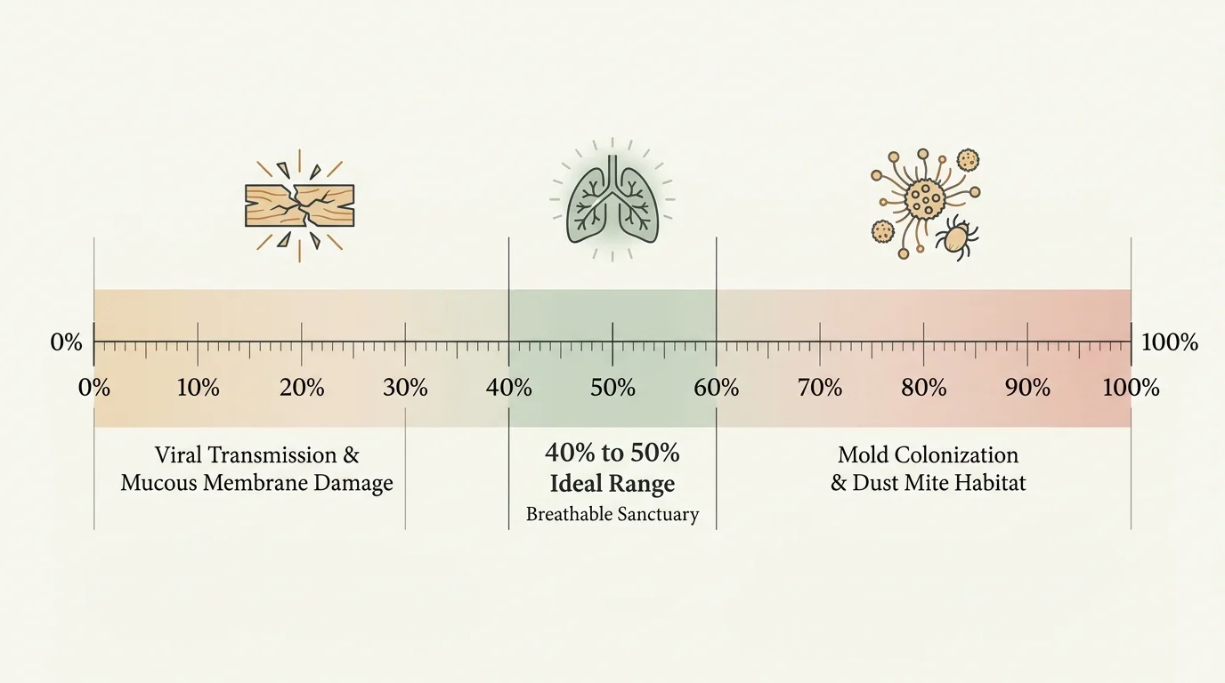 A humidity scale highlighting the 40-50% ideal range for health, contrasted with the risks of air being too dry or too humid.