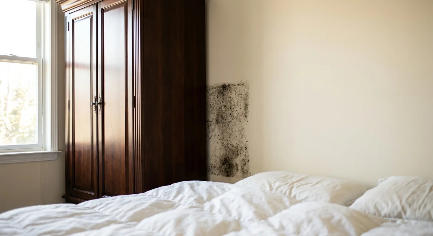A large wooden wardrobe moved away from a bedroom wall to reveal a rectangular pattern of mold growth on the drywall.