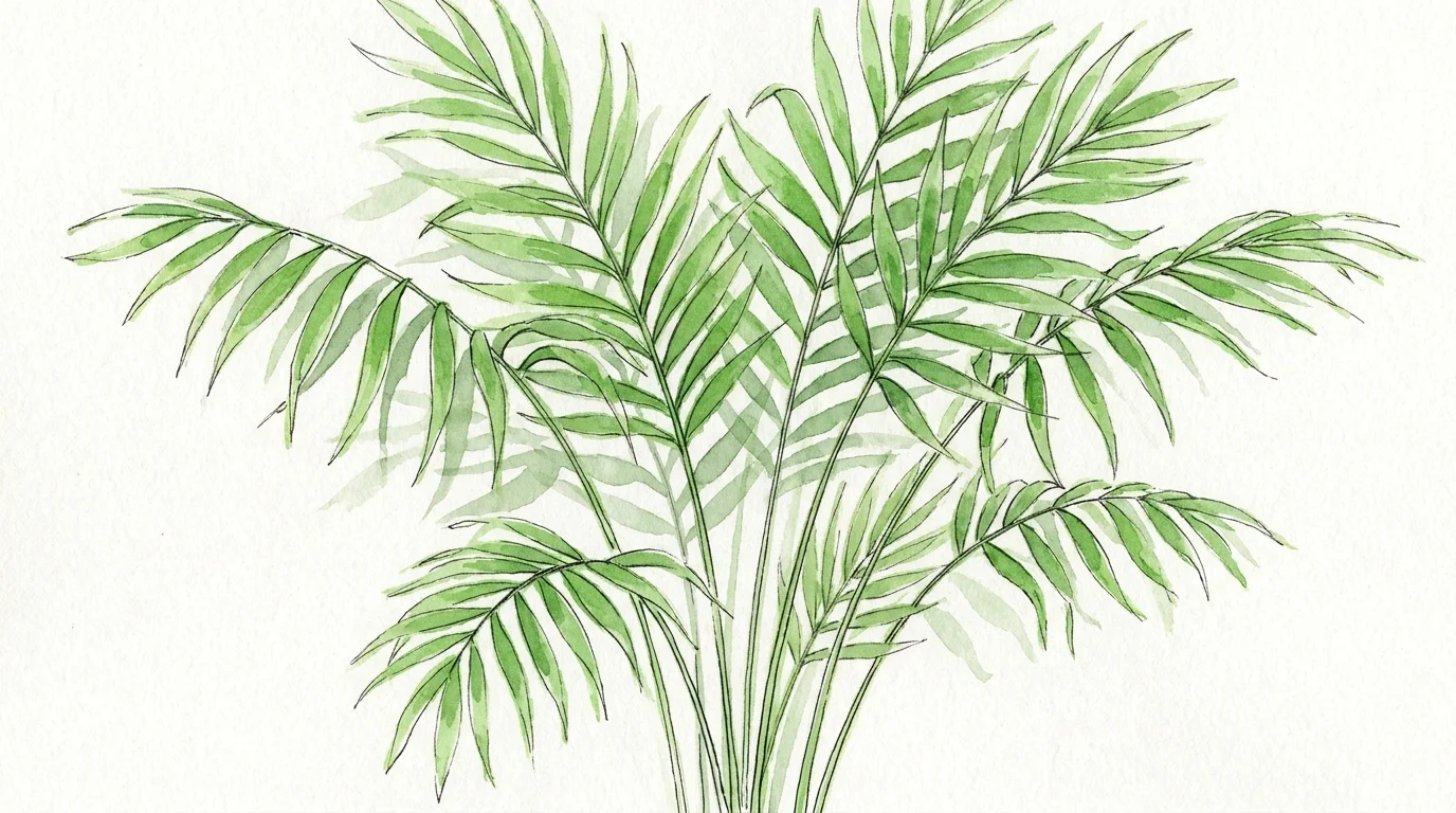 A light and airy watercolor illustration of a Parlor Palm with delicate, feathery green fronds.