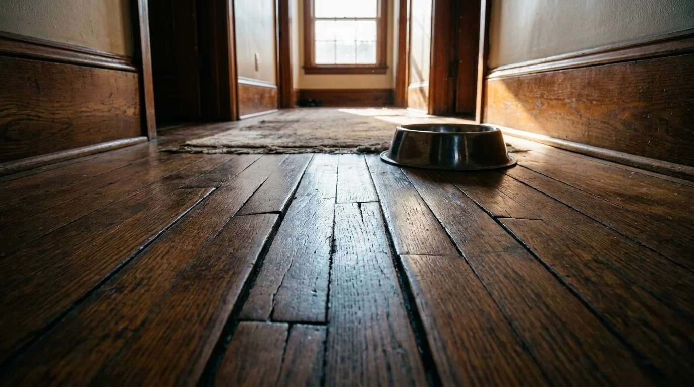 A low-angle photo of hardwood floorboards showing warping and cupping caused by moisture absorption.