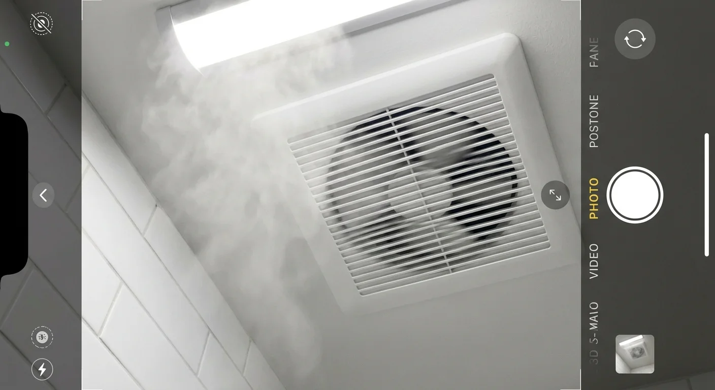 A low-angle view of a running bathroom exhaust fan with subtle steam in the air.