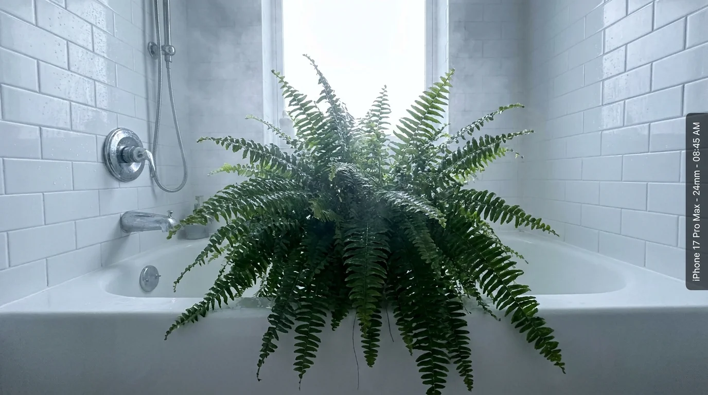 A lush green Boston fern sitting on the edge of a bathtub in a bright, tiled bathroom.