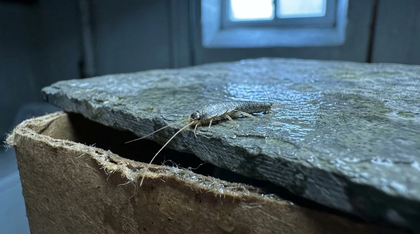 A macro photo of a silverfish on a damp tile floor, indicating a high-moisture environment.