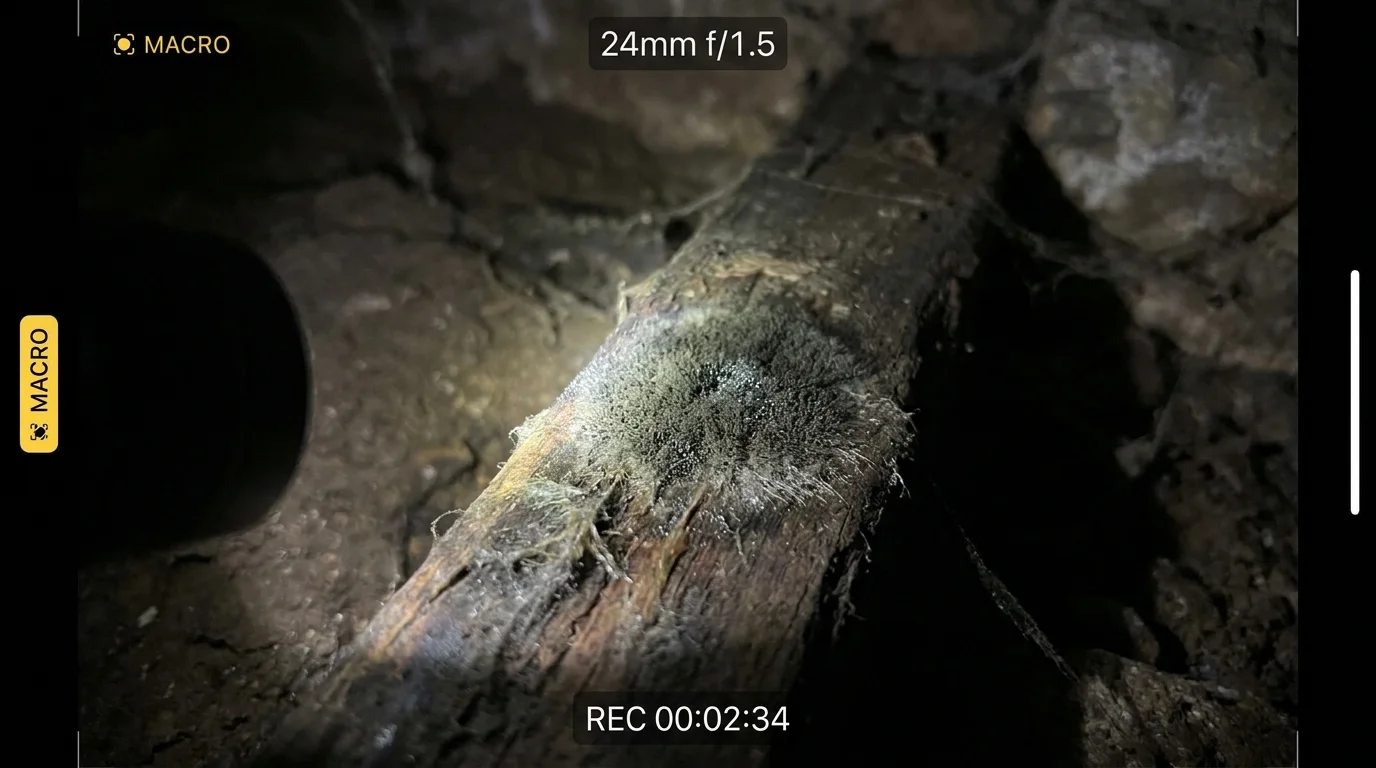 A macro photograph of a small patch of mold growing on a wooden beam in a dark, damp basement corner.