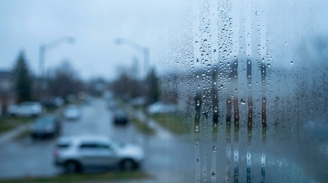 A macro photograph of condensation droplets on a window pane with a blurred street in the background.