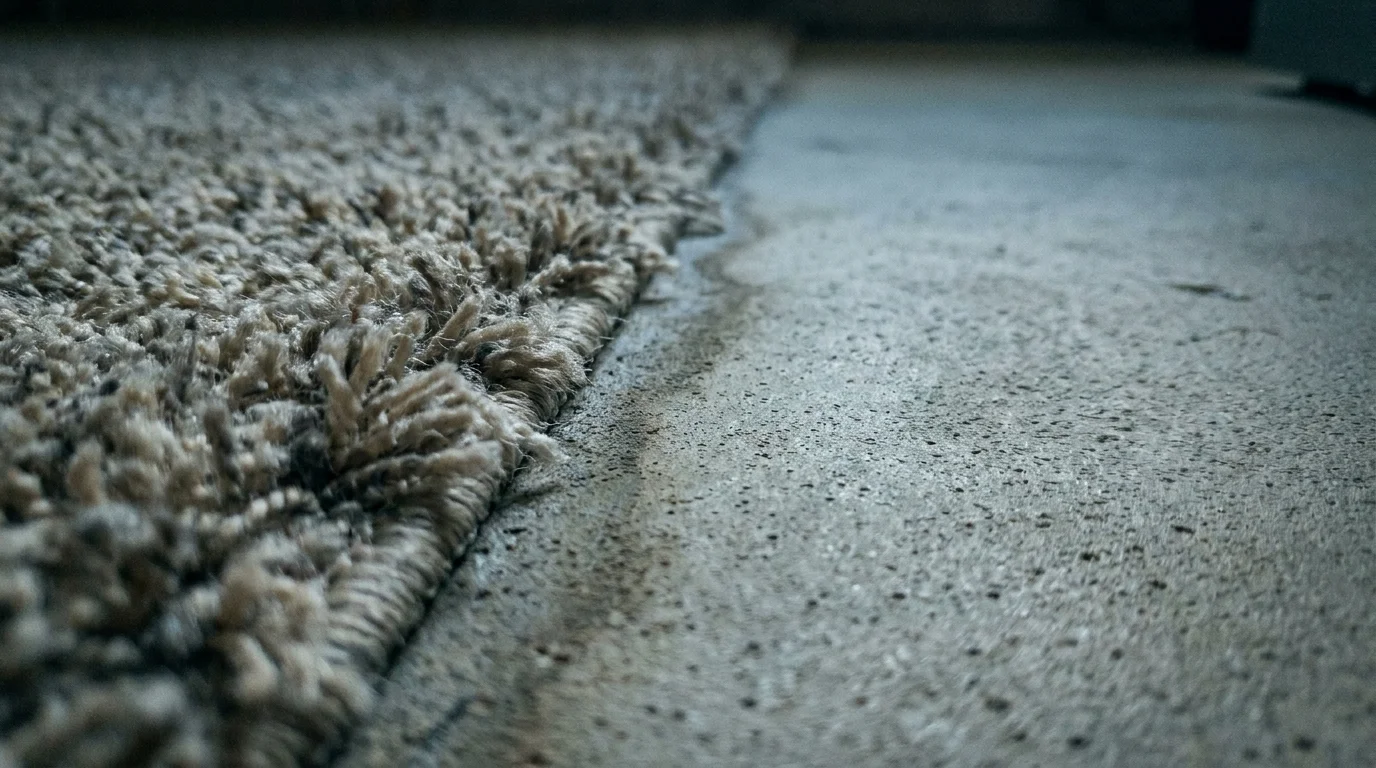 A macro photograph of thick carpet fibers on a concrete floor, showing the point where moisture can become trapped.