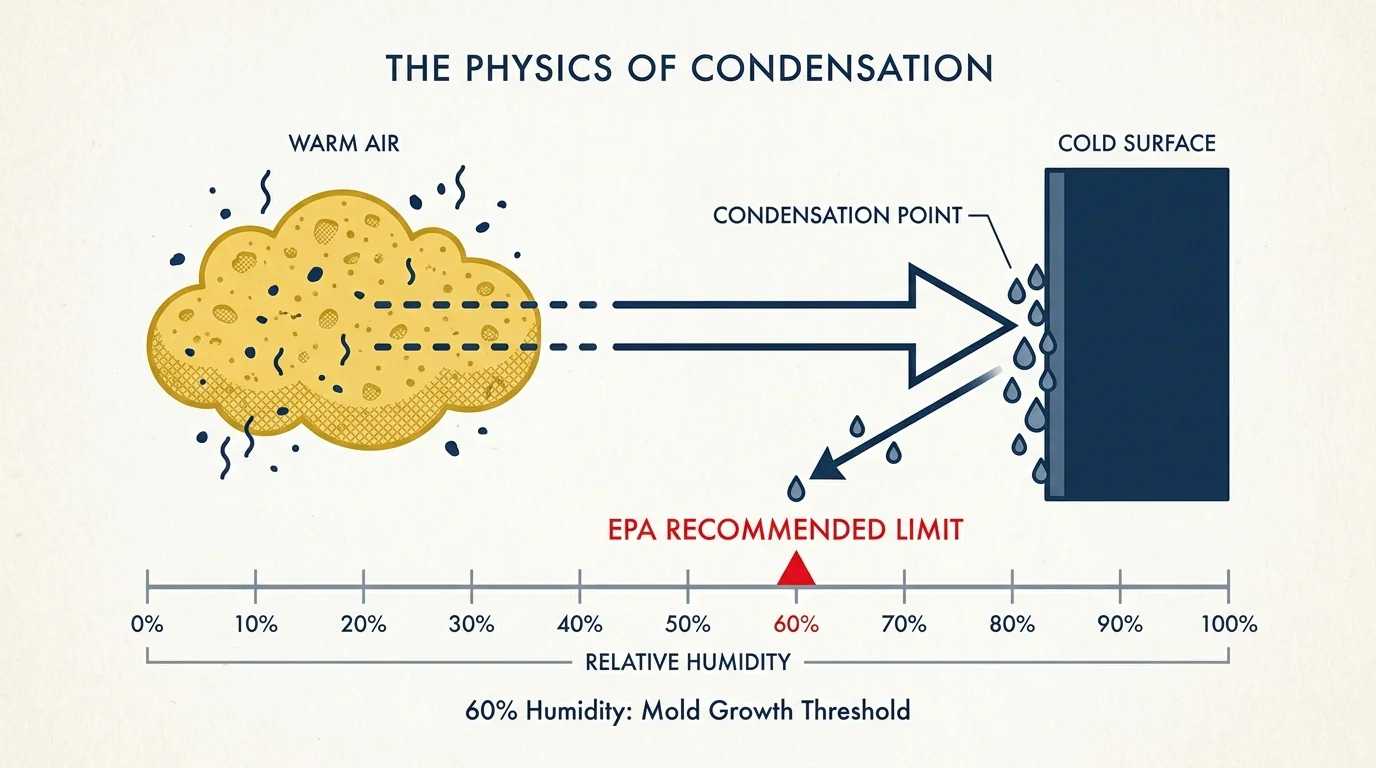 A minimalist diagram showing warm air condensing on a cold wall, with a humidity scale highlighting the 60 percent limit.