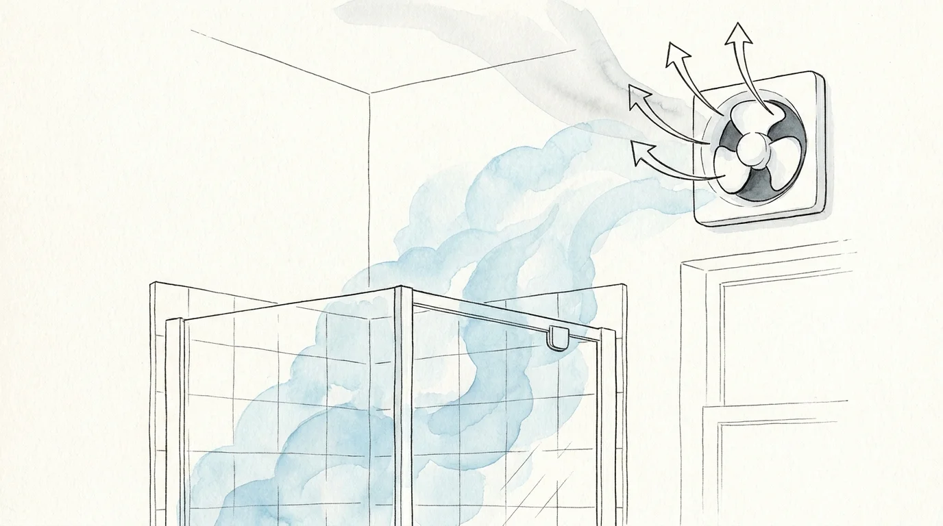 A minimalist ink and watercolor illustration of a bathroom exhaust fan pulling steam away from tiled walls.