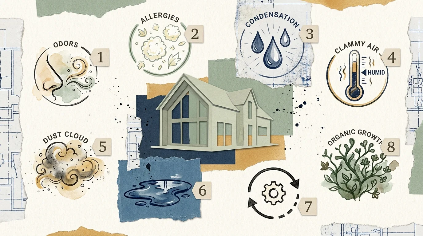 A mixed-media collage featuring eight icons that represent different signs of a malfunctioning air conditioner.