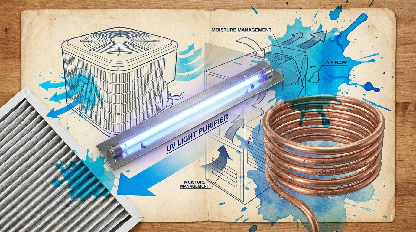 A mixed-media illustration featuring blueprints, air filters, and mechanical components of a cooling system.