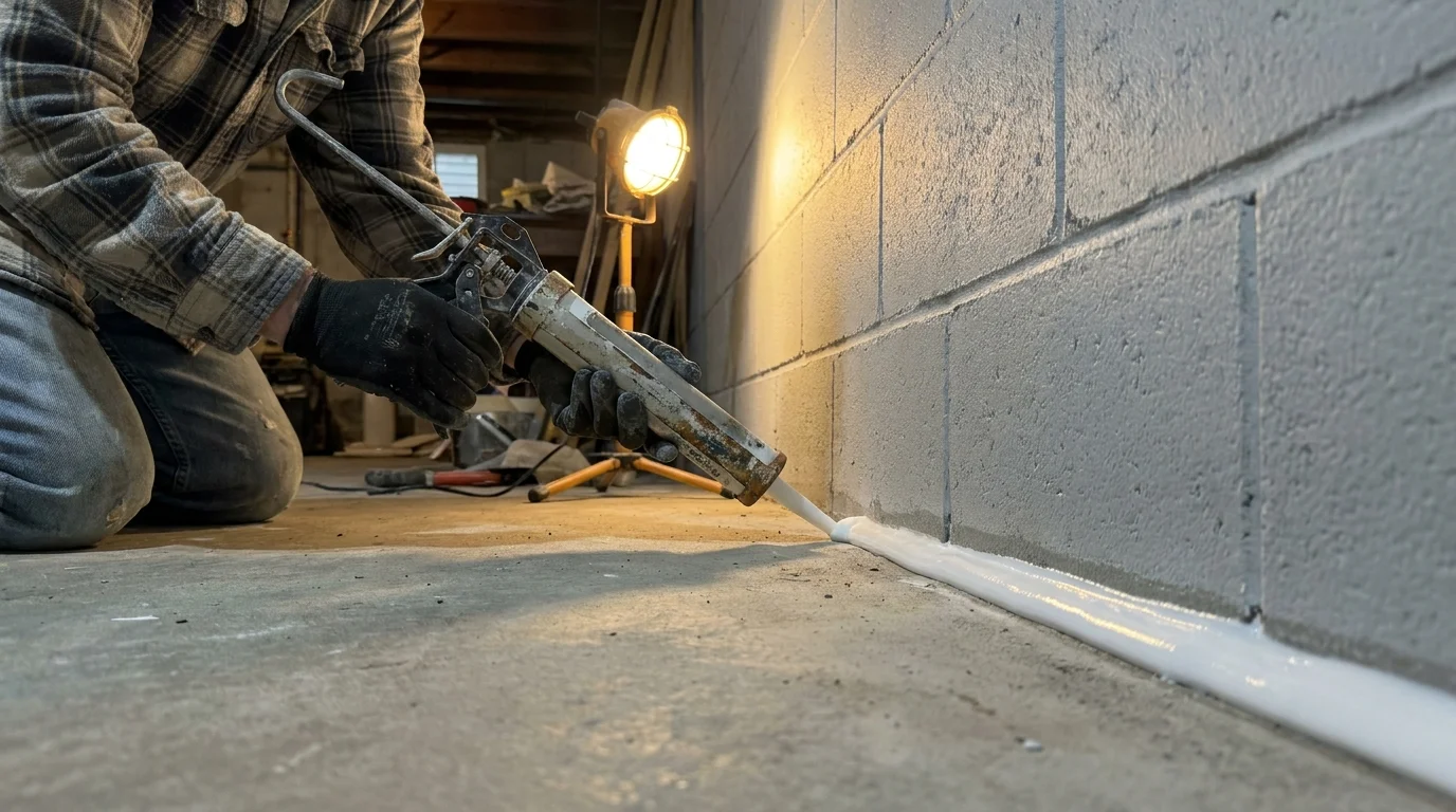 A person applying white sealant to the gap between a basement wall and the floor.