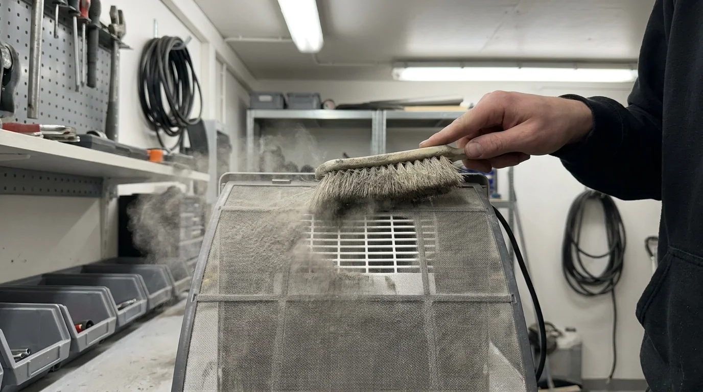 A person cleaning a dusty mesh filter with a brush to maintain a humidity control device.