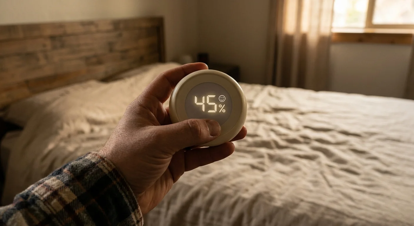 A person holding a smart hygrometer that displays 45 percent humidity in a cozy bedroom setting.