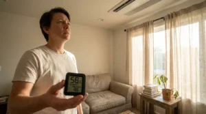 A person in a sunlit home looking concerned at an air conditioning vent while holding a digital humidity monitor.