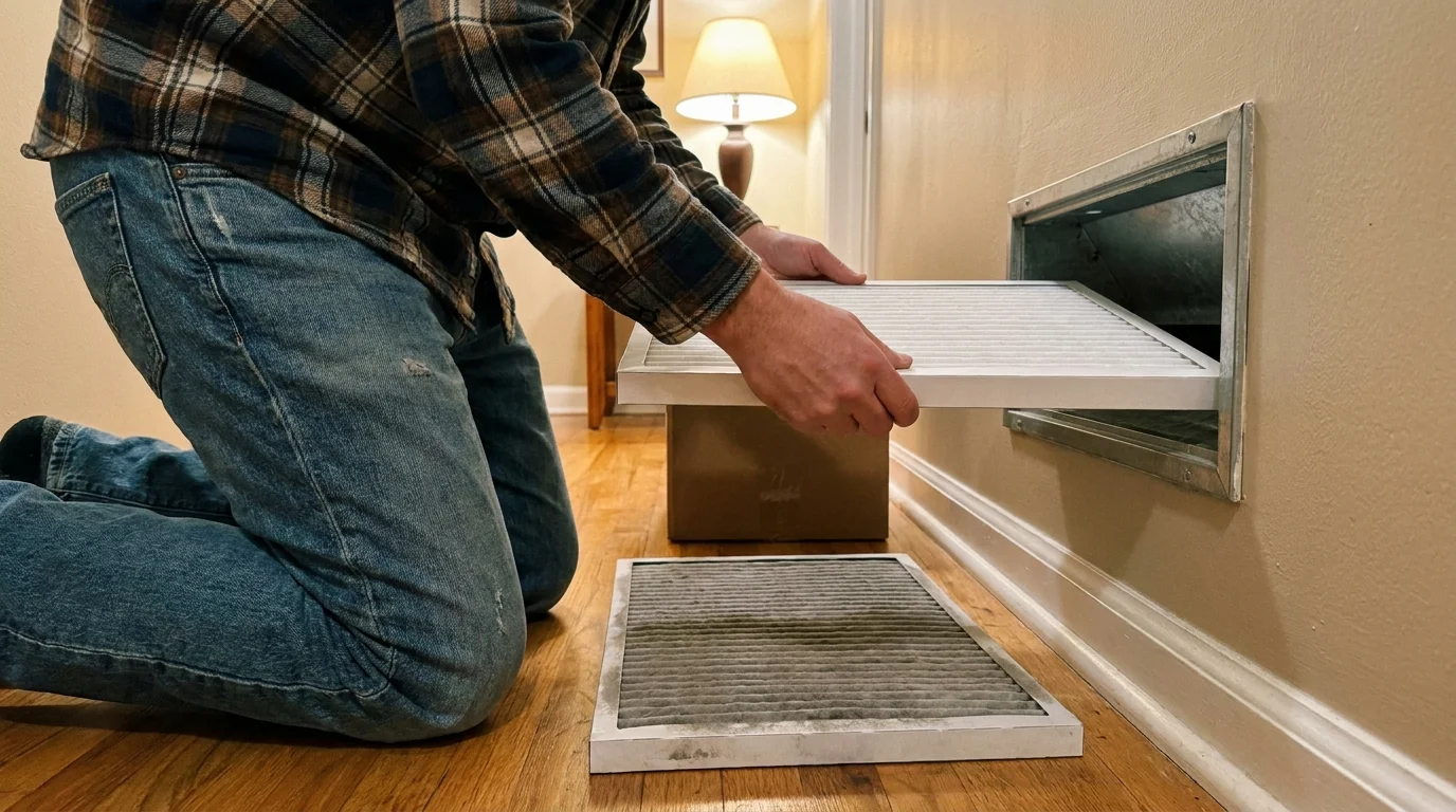 A person kneeling on the floor to change the air filter in a wall-mounted AC intake.