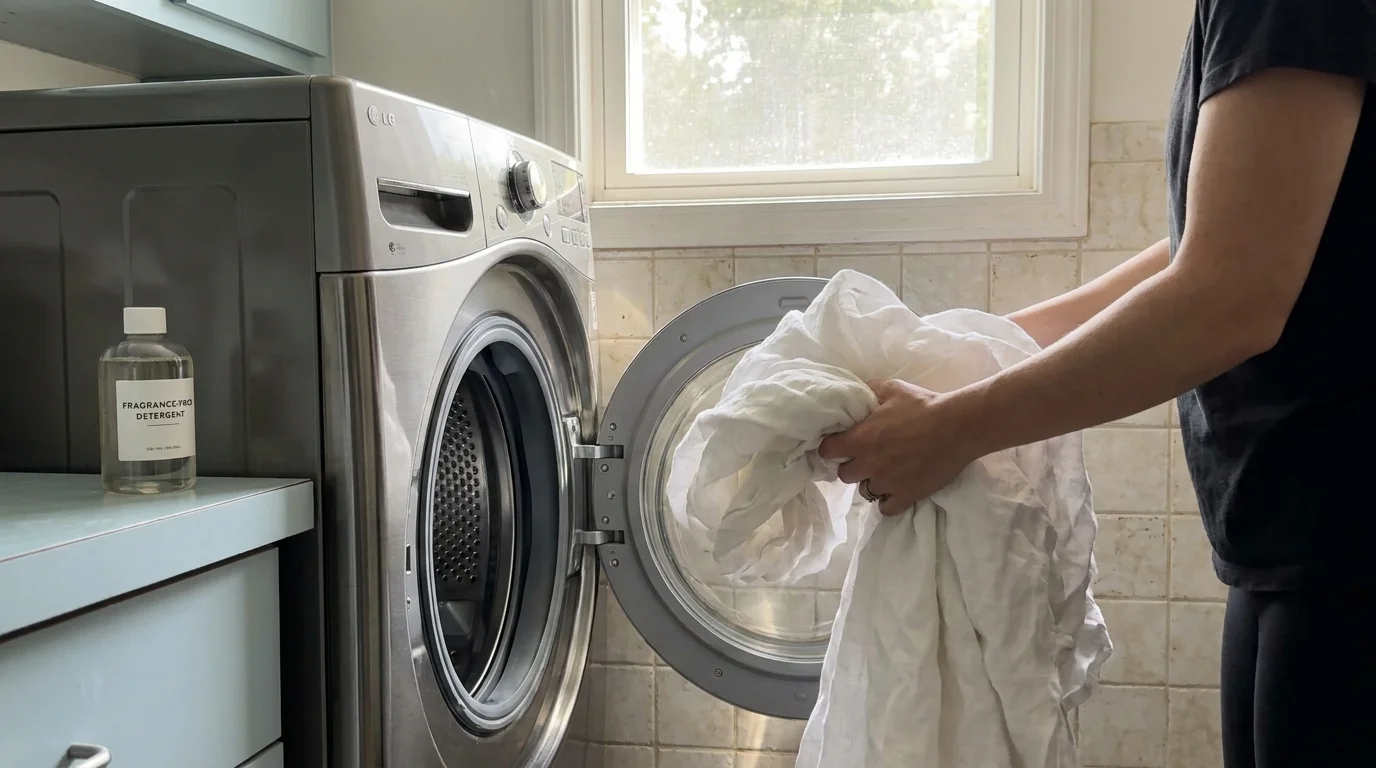 A person loading white linen curtains into a washing machine in a bright, modern laundry room.