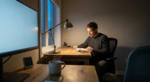 A person reading comfortably in a home office with layered lighting and a hygrometer displaying 45 percent humidity.