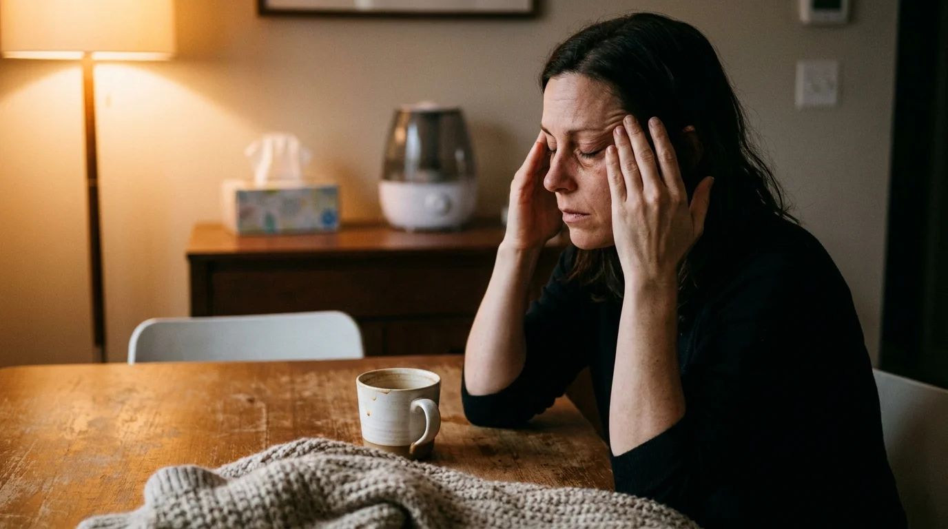 A person sits at a kitchen table rubbing their temples in a state of fatigue, with a humidifier visible in the blurred background.