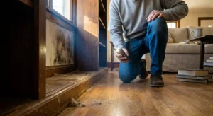 A person uses a phone flashlight to inspect a dark corner of a wall behind a moved bookshelf in a sunlit living room.