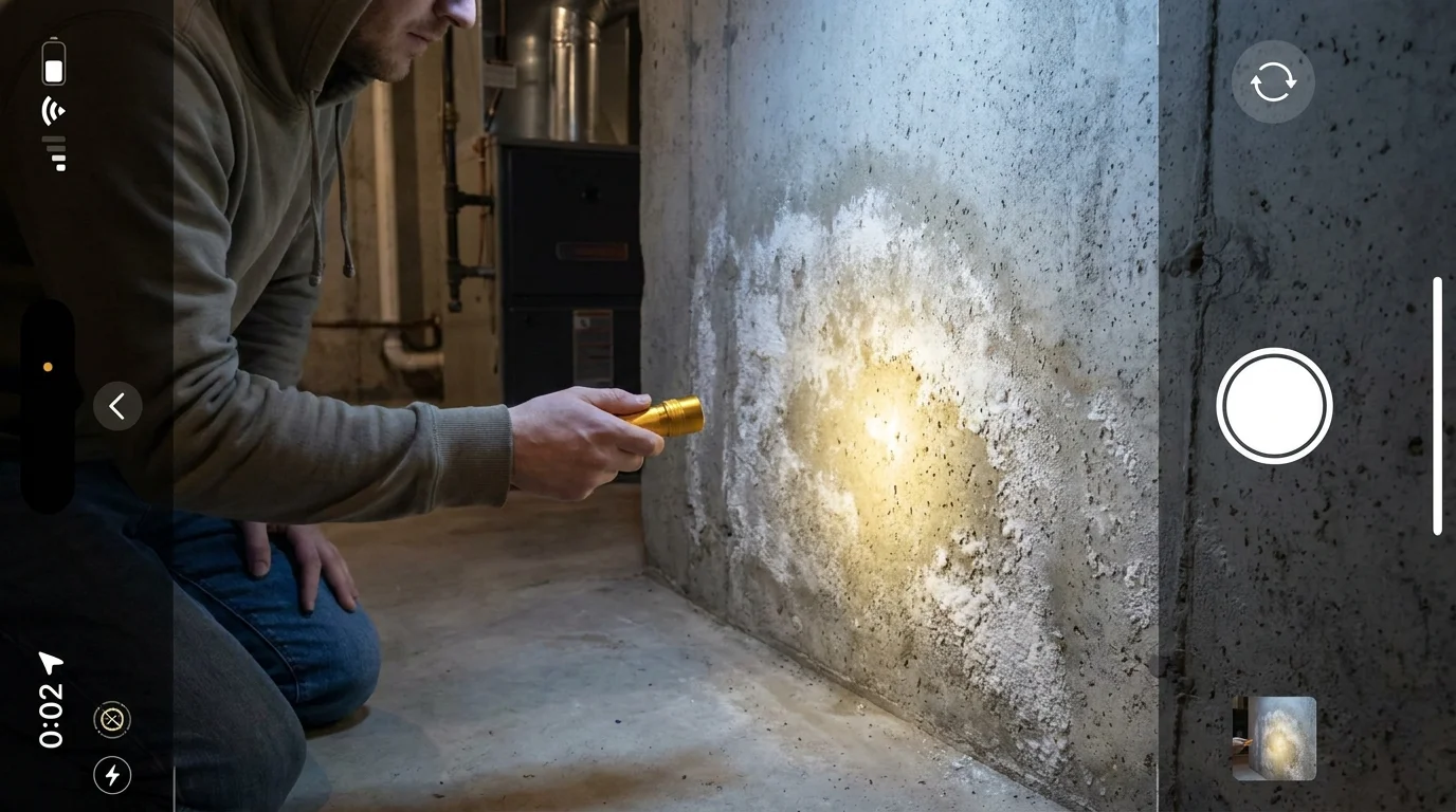 A person using a flashlight to inspect white salt deposits on a grey concrete basement wall.