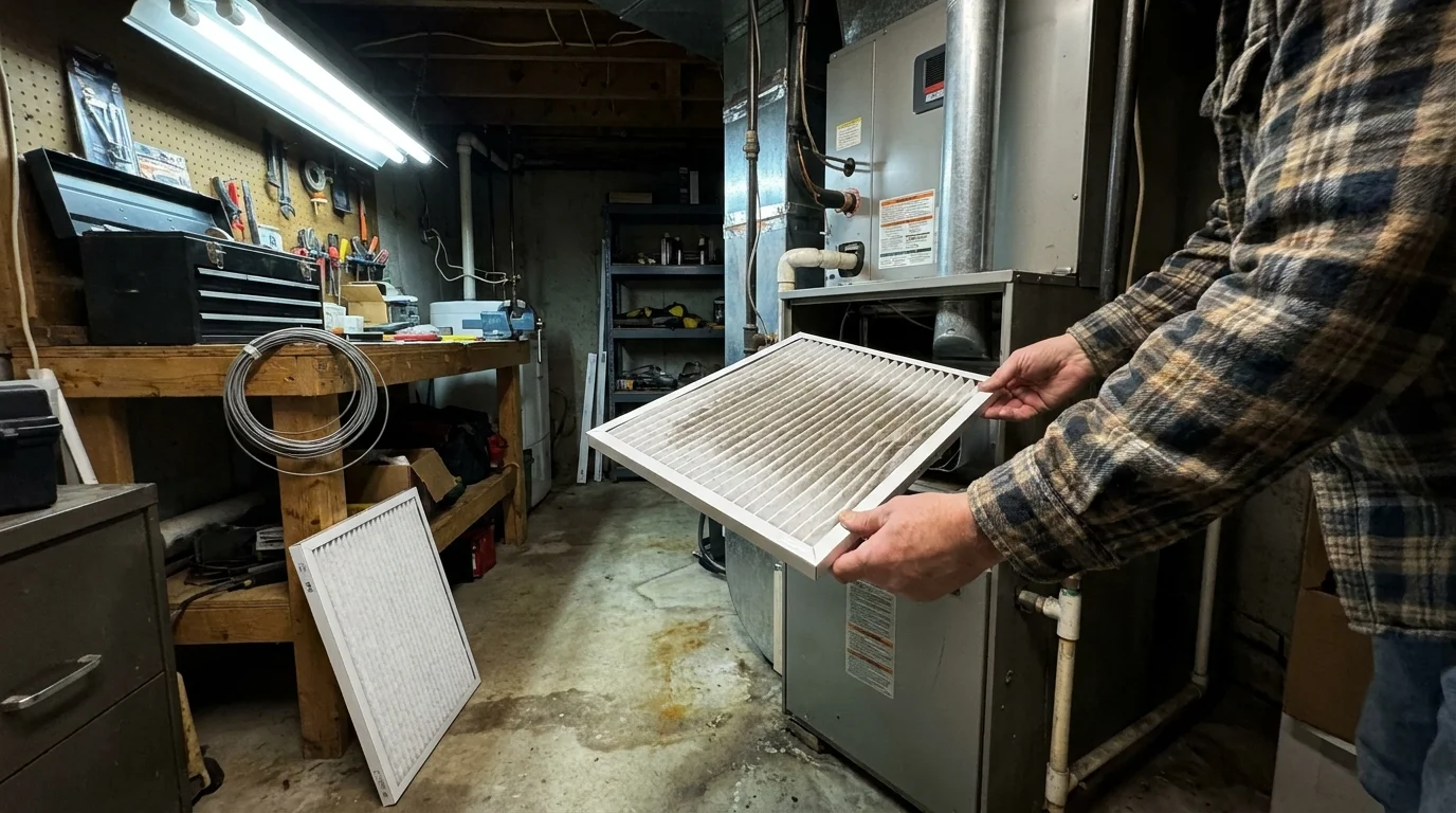 A person's hands changing a dusty air filter in a home furnace, showing regular maintenance.