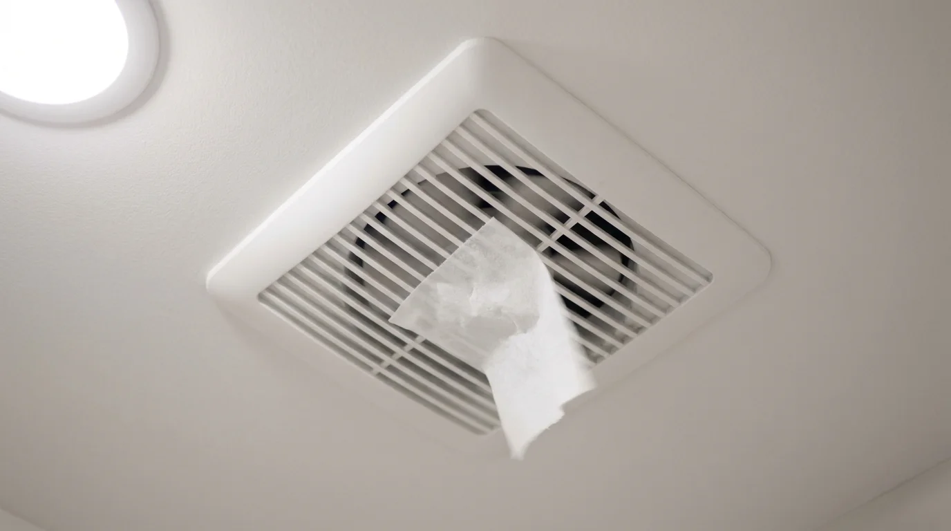 A photo of a bathroom exhaust fan with a piece of tissue held against it to show active air suction.