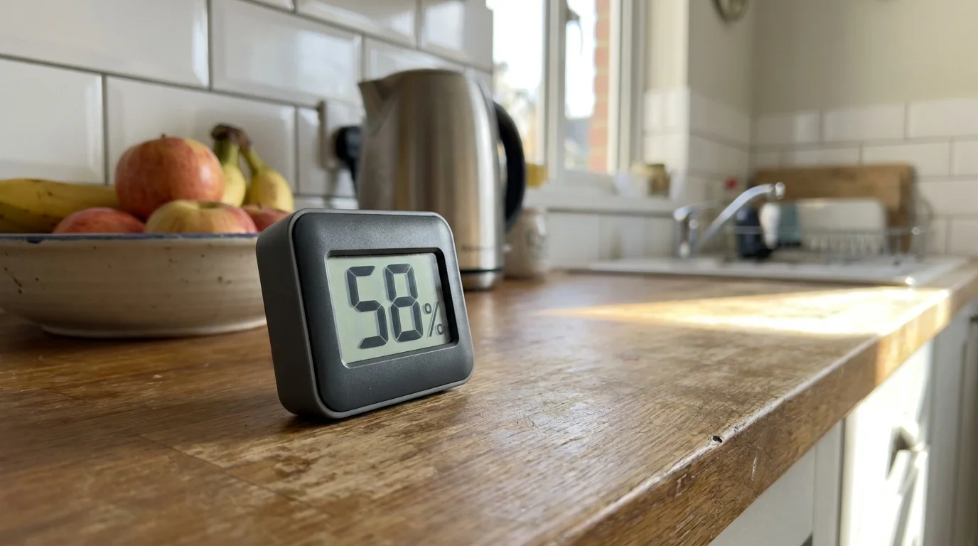 A photo of a digital hygrometer on a kitchen counter displaying a 58 percent humidity reading.