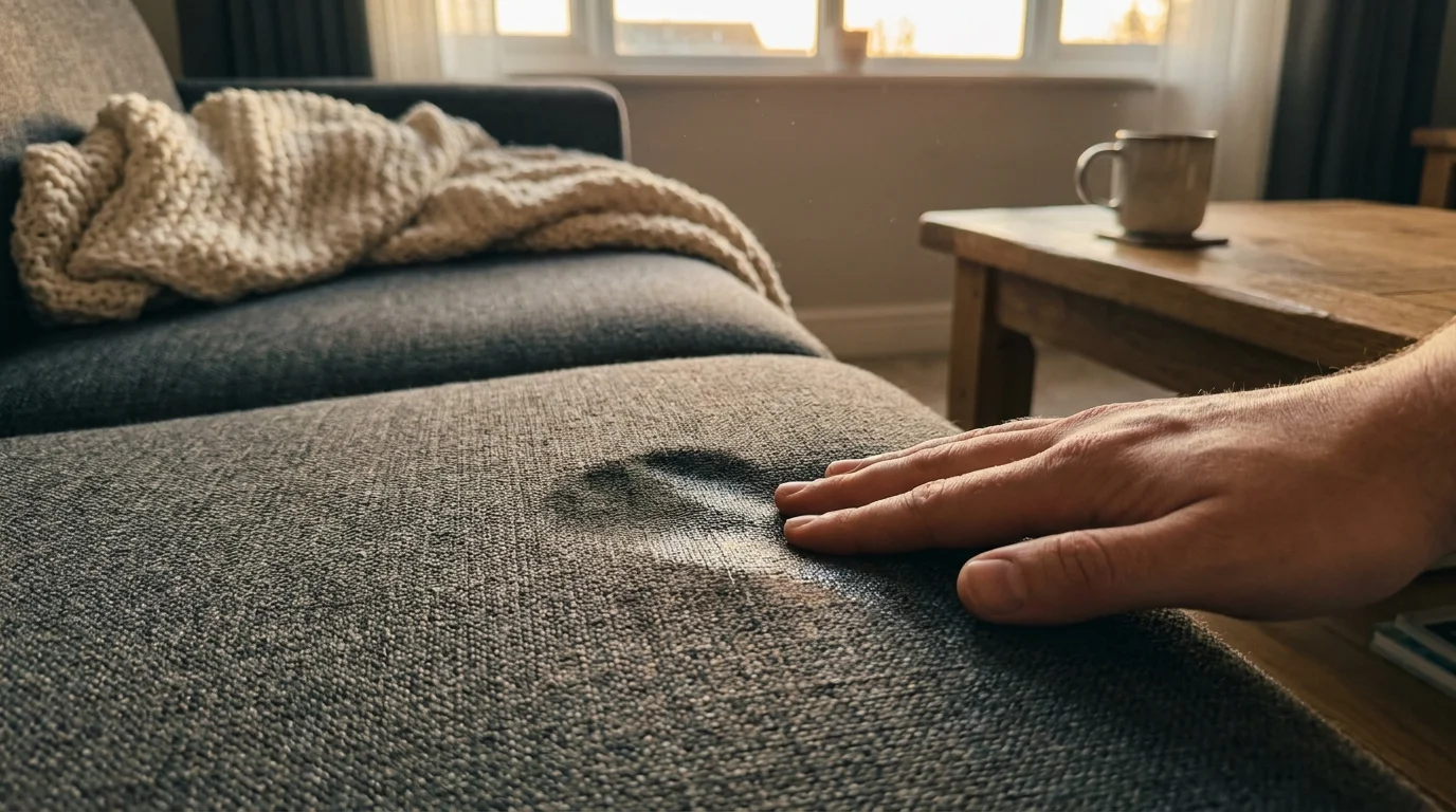 A photo of a hand pressing into a sofa cushion, emphasizing the tactile sensation of damp fabric.