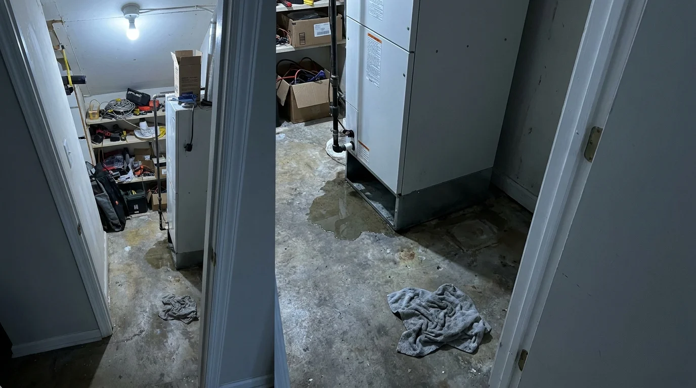 A photograph of a small puddle of water on the floor next to the indoor air conditioning unit.